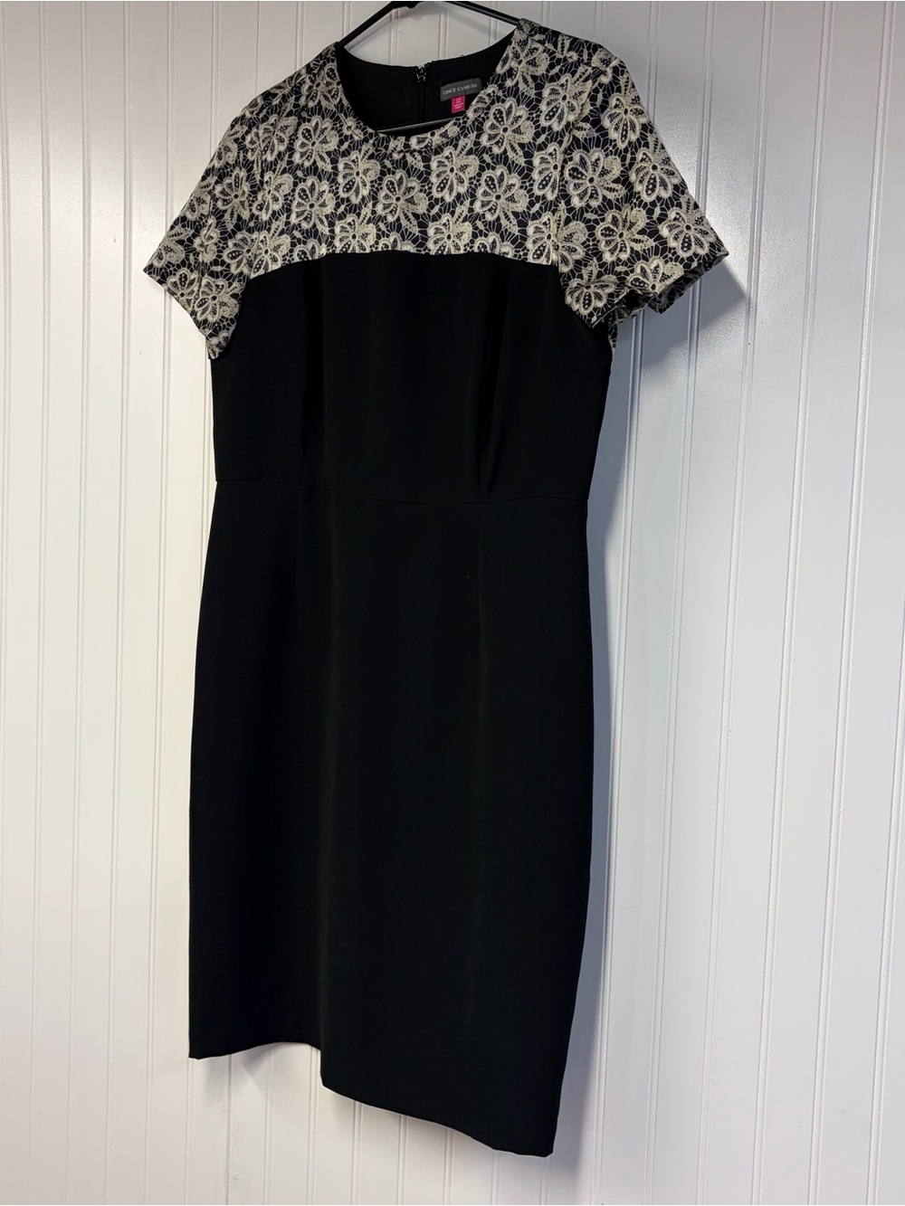 Vince Camuto Black Dress with White Beige Lace Print Size 12